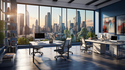 A modern office workspace with a minimalist desk, ergonomic chair, and large windows offering a...