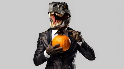 Fotobehang Abstract Halloween party concept. Portrait of dinosaur with autumn orange pumpkin on grey background.  © Creative Photo Focus