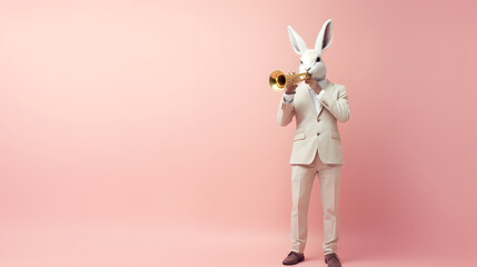 Abstract, modern, Easter bunny plays trumpet in a jazz band standing and posing as a human. Trendy modern hipster, animal in fashion suit.