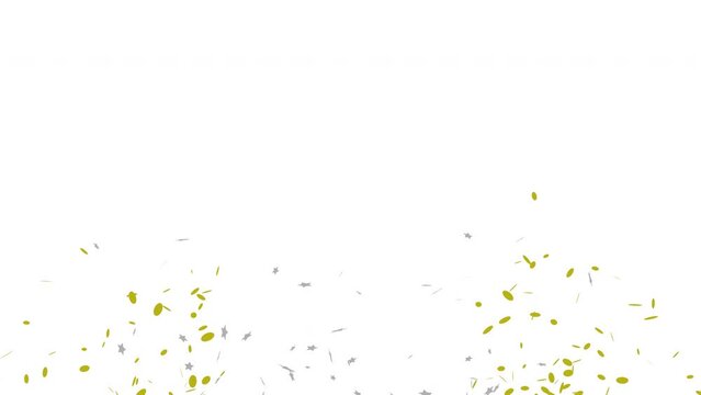 Golden and Silver confetti party popper explosions. Gold confetti on a white background. Video animation Ultra HD 4K