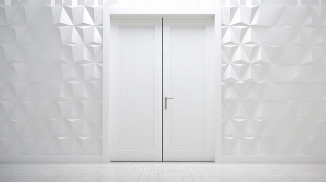A white, textured door, with a bold, geometric pattern of triangles and squares 