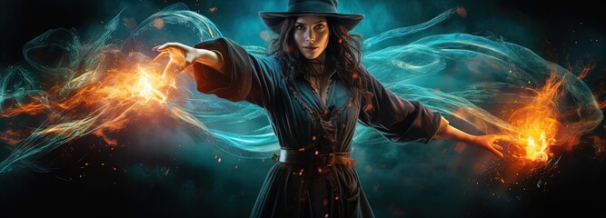 Spellbinding Witch with Fiery Book: Bokeh Magic in Dark Turquoise and Orange