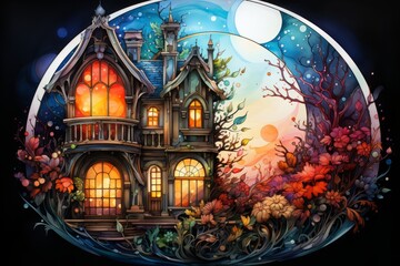 Scary house, Troll house, Yellow moon. moonlight chaos, mystery. 3d render
