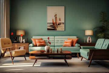 A mid-century modern living room with iconic furniture designs, celebrating the aesthetics of the 1950s and 1960s. Generative Ai.