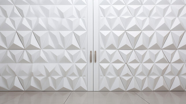 A white, textured door, with a bold, geometric pattern of triangles and squares 