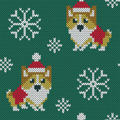 Corgi dog in Santa Claus hat jacquard knitted seamless pattern. Christmas snowflakes background. Vector illustration.