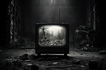 A black-and-white television set, a window to the past when broadcasts were in monochrome....