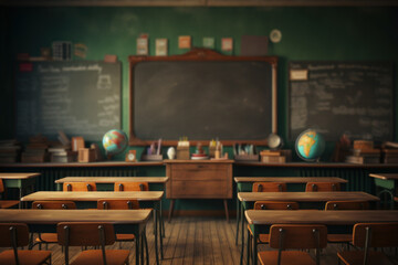 A retro classroom with wooden desks and chalkboards, reflecting the education system of a different...