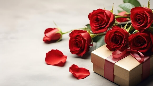 Bouquet of red roses with present box, Romantic Happy Valentine Day background, Anniversary, Wedding, Proposal. Copy space for text. Generative AI