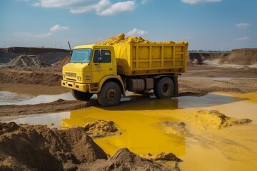 Yellow truck carries radioactive waste for soil and water pollution. Generative AI