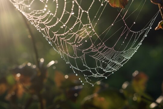 Sparkling dewdrops on a spider web in morning sunlight. Generative AI