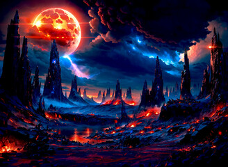Alien vulcano world with dark lava river pyroclastic mountain rage rocks evil planet with eyes