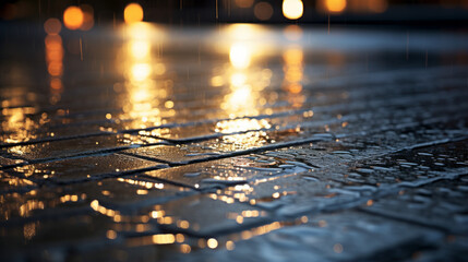 A wet pavement reflecting the streetlamps in the rain, with no one in sight 