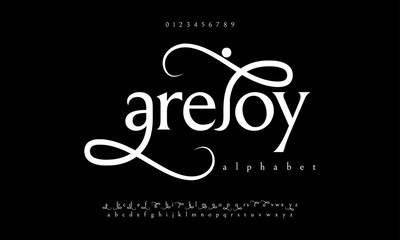 Arejoy premium luxury elegant alphabet letters and numbers. Elegant wedding typography classic serif font decorative vintage retro. Creative vector illustration