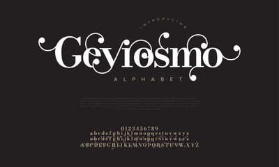 Geyrosmo premium luxury elegant alphabet letters and numbers. Elegant wedding typography classic serif font decorative vintage retro. Creative vector illustration