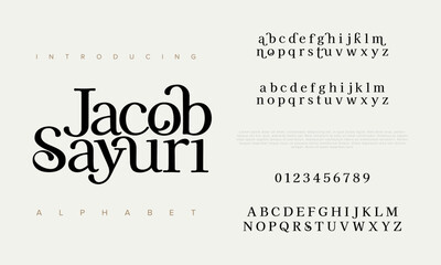 Jacobsayuri premium luxury elegant alphabet letters and numbers. Elegant wedding typography classic serif font decorative vintage retro. Creative vector illustration