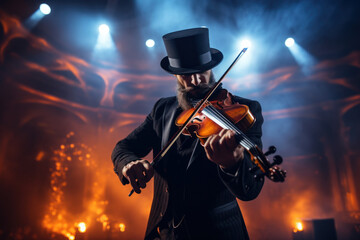 Fototapeta premium A musician passionately playing a violin on a grand stage, capturing the beauty of live music. Generative Ai.