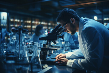 Fototapeta na wymiar A scientist peering through a microscope, conducting groundbreaking research in a laboratory. Generative Ai.