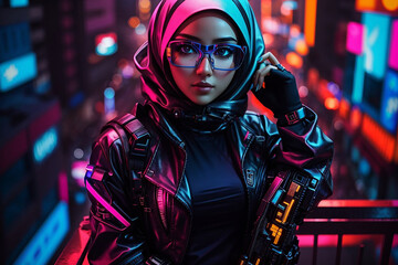 Fototapeta premium cyberpunk girl future tech hijab fashion