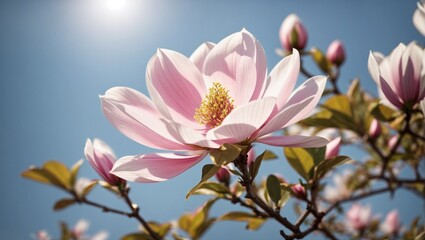 Fototapeta premium The Timeless Beauty of a Blossoming Magnolia Flower with the Sun in background
