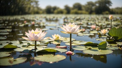Waterlilies in Full Bloom with Light Bokeh Background