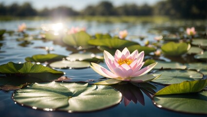 Waterlilies in Full Bloom with Light Bokeh Background