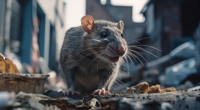Nahaufnahme einer Ratte inmitten von M&uuml;ll in einer Gro&szlig;stadt.