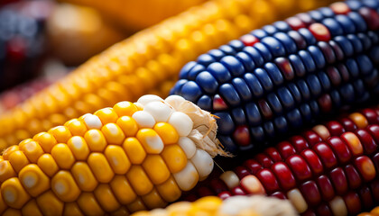 Native mexican corn, blue, red and yellow. Created with ai generative tools