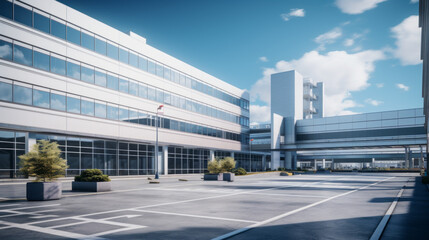 A view of a corporate office building, with a large parking lot - obrazy, fototapety, plakaty