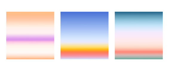 Obraz premium Sunrise or sunset colorful gradients background set. Smooth blurred wallpaper set in pink, blue, orange, purple, pink colors. Abstract beach and sea or ocean horizon backdrop. Vector illustration
