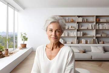 happy mature woman with grey hair in a cozy modern appartment with wide windows. concept of healthy life, happy retirement and tranquility