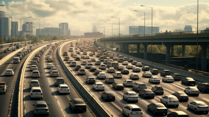 A view of a major highway with many cars and trucks passing by - obrazy, fototapety, plakaty