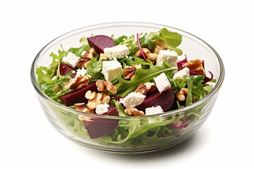 Vegetable salad with beets, rucola, herbs, feta, and walnuts in a bowl on a white background. Generative AI