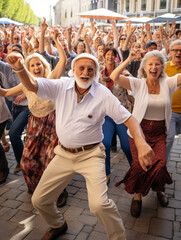 A Photo of a Group of Older Men and Women Doing a Flash Mob in a City Square