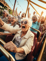 A Photo of a Group of Seniors Enjoying a Roller Coaster Ride with Hands Raised High