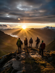 A Photo of a Group of Seniors Hiking up a Mountain with a Backdrop of a Breathtaking Sunrise - obrazy, fototapety, plakaty