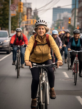 A Photo of a 55-Year-Old Woman Leading a Group Bike Ride Through the City