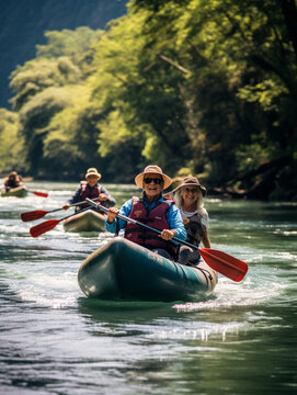 A Photo of a Group of Elderly Friends Kayaking Down a Gentle River
