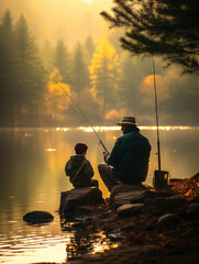 A Photo of an Older Man and His Grandson Fishing Together at a Serene Lake