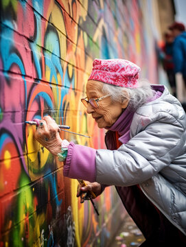 A Photo of an Elderly Woman Trying Her Hand at Graffiti Art on a Wall