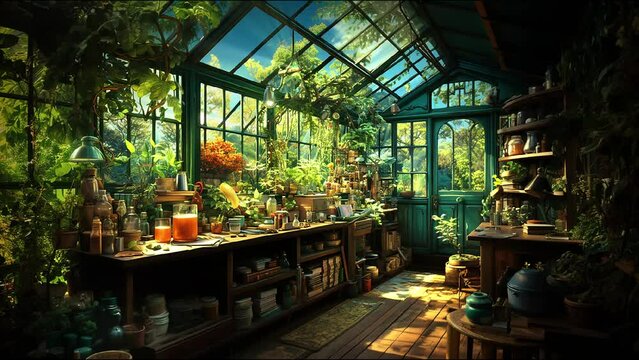 Lush greenhouse interior filled with vibrant plants and sunlight. Ideal setting for lo-fi VTuber streams or visualizer backgrounds. Captivating botanical ambiance.