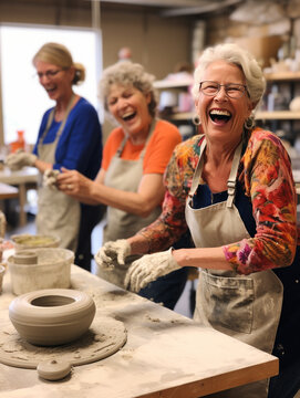 A Photo of Older Women at a Pottery Class Laughing and Molding Clay Together