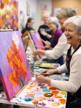 A Photo of Seniors Taking a Painting Class Laughing and Splashing Colors on Their Canvases