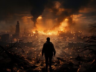 a man stands in the rubble of destroyed buildings and in front of his city destroyed by war