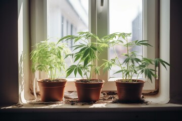 Indoor cannabis cultivation with potted plants on windowsill. Generative AI