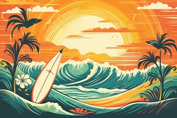 A vibrant poster with a sunny beach, waves, and a surfboard, depicting a summer paradise for surfing. Generative AI
