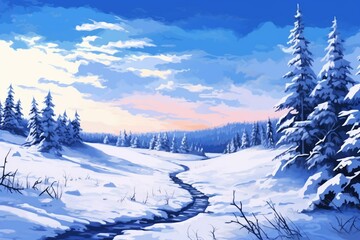 Snowy landscape with blue sky. Digital artwork. Generative AI