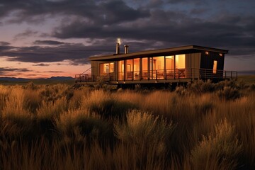 A rustic mobile residence amidst vast grasslands during twilight. Generative AI