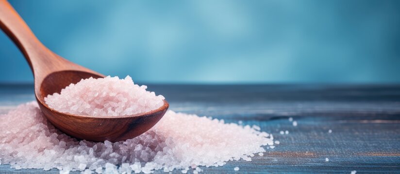 Pink Himalayan table salt and a cupronickel spoon on blue textured background