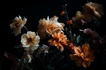 flowers in dark background. Generative AI